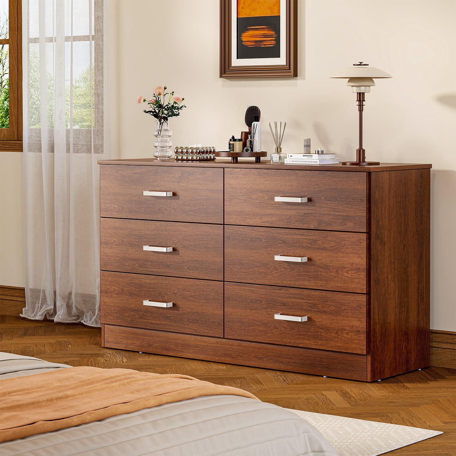 Brown Dresser for Bedroom, Winkalon 6 Drawers Dresser Modern Wood Double Chest of Drawers for Bedroom Living Room