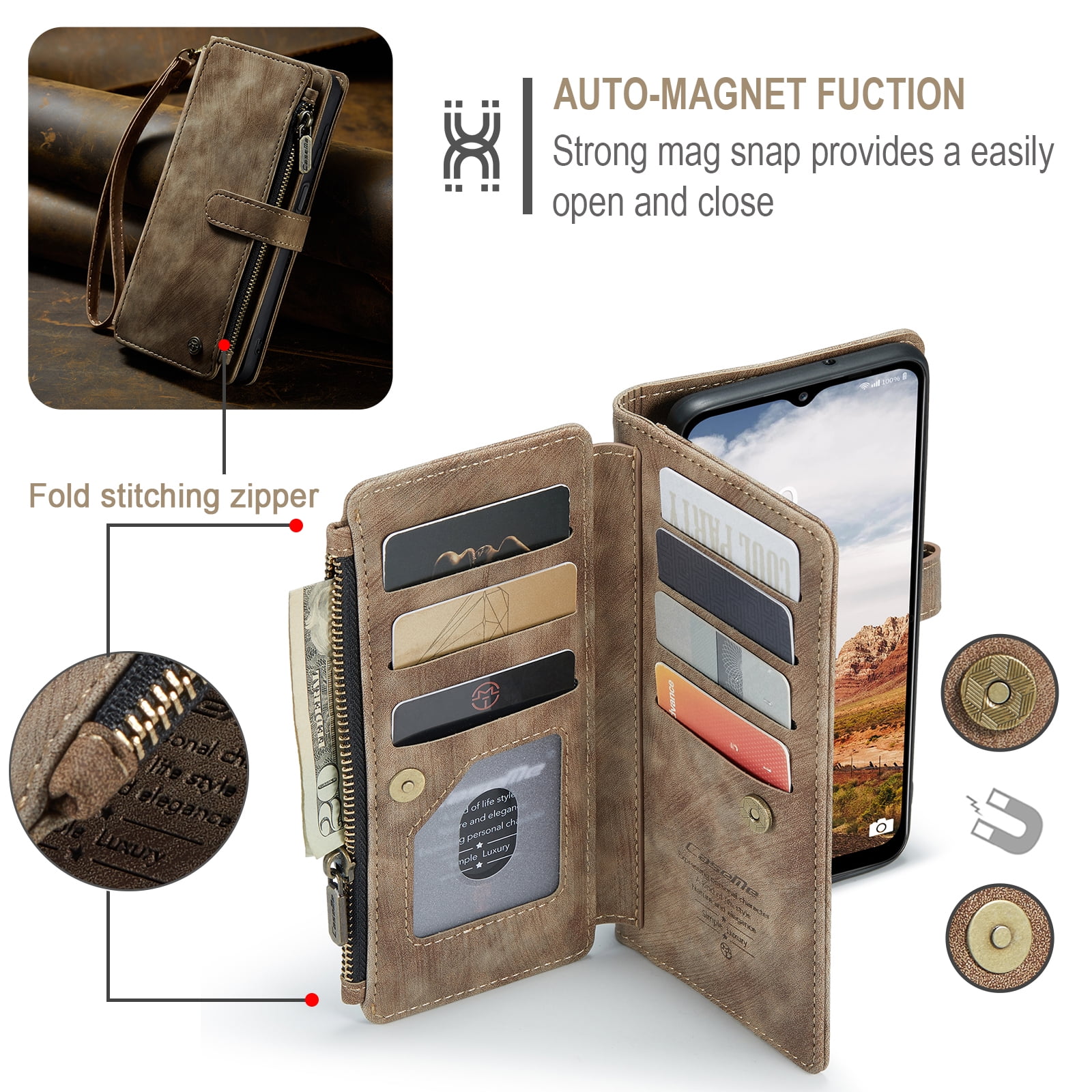 Dteck Wallet Case for Samsung Galaxy S25 Ultra,Magnetic Retro Leather Case Flip Folio Zipper Purse with Card Holder Slot Kickstand Shockproof Phone Cover for Samsung Galaxy S25 Ultra 5G,Brown