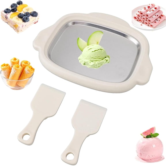 Rolled Ice Cream Maker Tray – Stainless Steel DIY Ice Cream Roll Pan with 2 Scrapers, No-Electric Frozen Dessert Maker for Ice Cream, Yogurt Rolls & Smoothies | 1 Tray 2 Scrapers