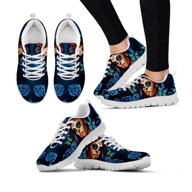 Zapatillas deportivas con estampado de calavera de azúcar azul para niña, zapatos cómodos y transpirables con estampado de rosas en 3D y mariposas, zapatillas informales para mujer