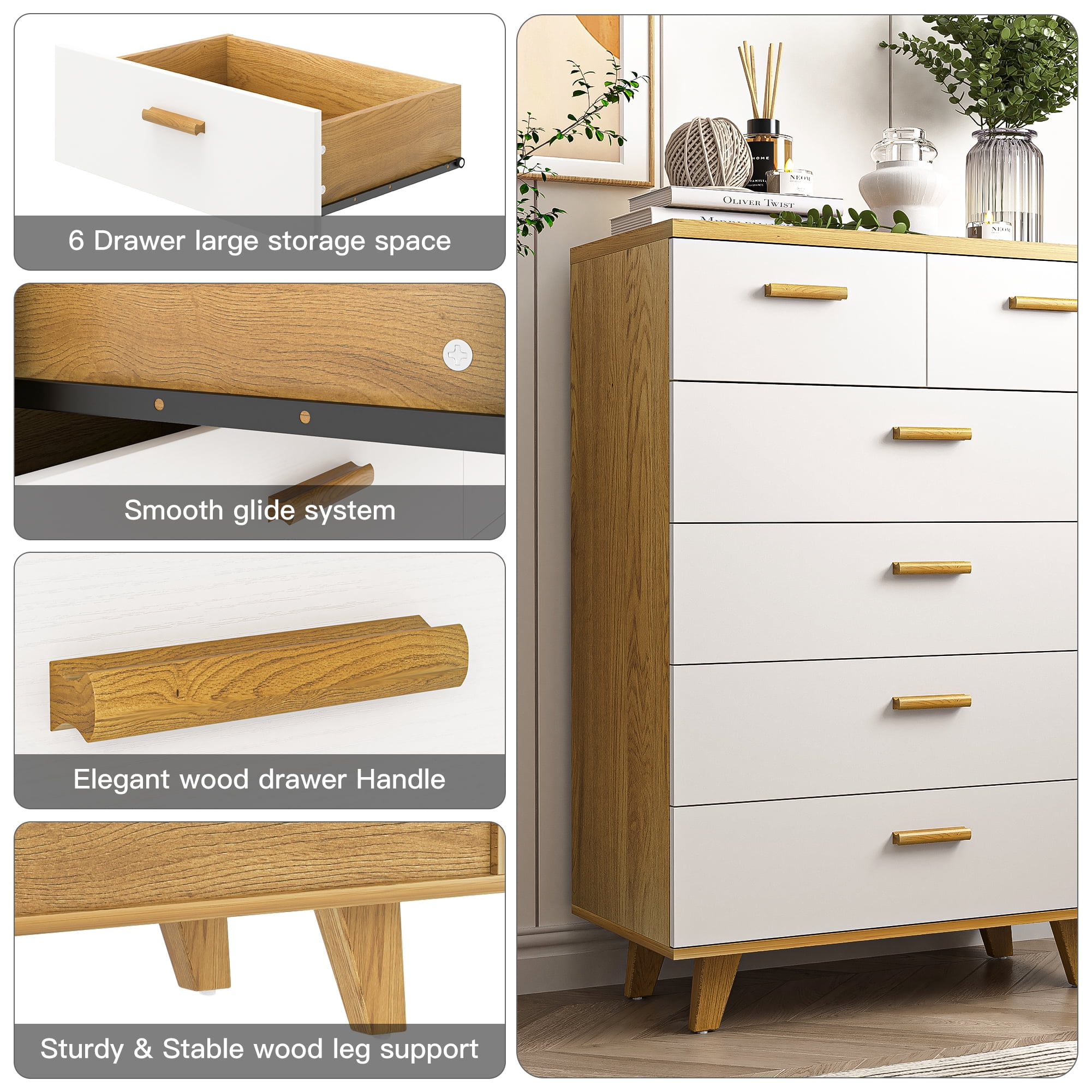Hommoo 6 Drawers Wood Dresser, Modern Chest of Drawers for Living Room, White