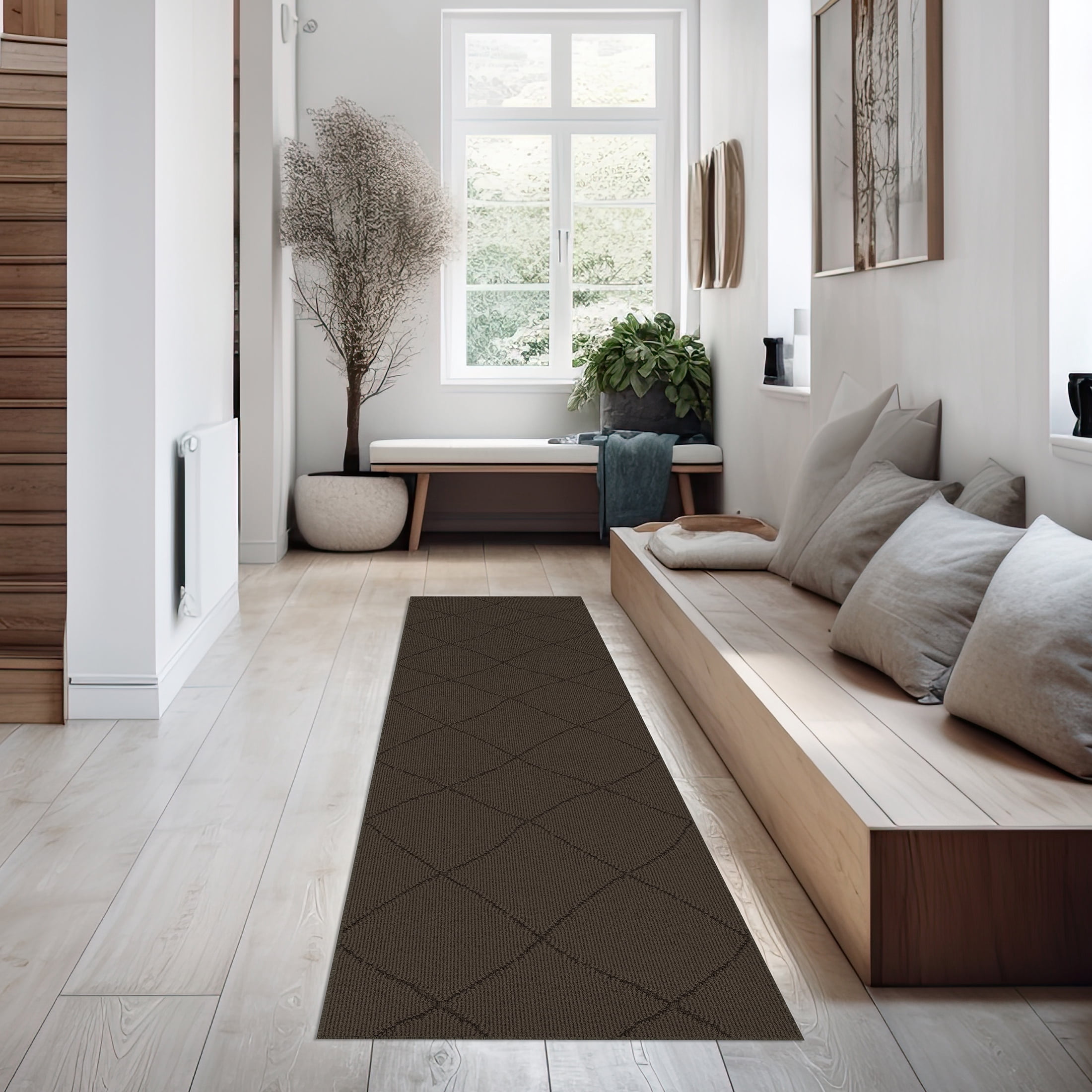 Mainstays Indoor Modern Geometric Machine Tufted Dark Brown Runner Rug,  2' x 7', Machine Washable, Non-Skid Backing