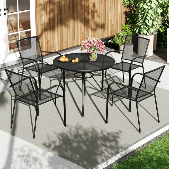 Metal Patio Table and Chairs Set for 4, Outdoor Dining Set with Umbrella Hole, Black Round Patio Furniture Set for Garden Backyard