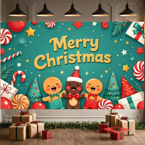 Gingerbread Theme Christmas Banner Christmas Tree Design Merry Christmas Banner Candy Cane Pattern Gift Box Decor Xmas Banner for Christmas Party Holiday Celebration Home Decoration