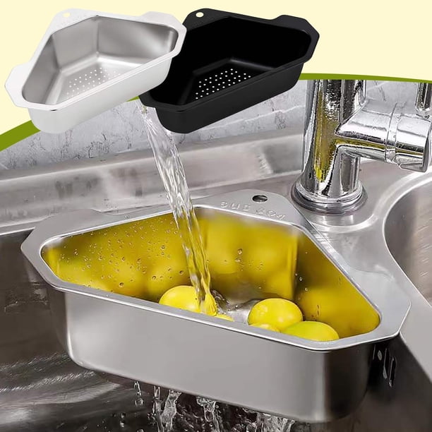 Cesta de colador de fregadero de acero inoxidable | Filtro de restos de comida de cocina | Organizador de malla colgable para verduras, esponjas, piezas pequeñas | Encaja en la esquina del fregadero