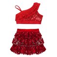 thumbnail image 3 of TiaoBug Kids Girls Gymnastic Dance Outfits Sequins Asymmetrical Shoulder Ruffle Crop Top with Skirted Shorts Set Red 14, 3 of 5