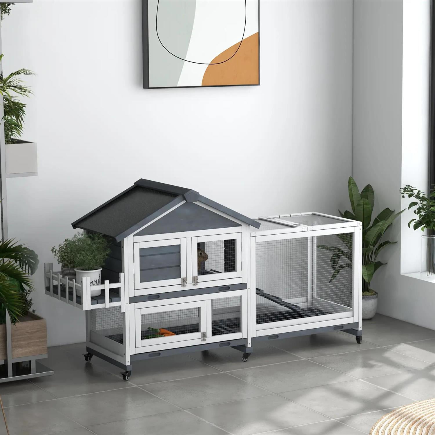 Pefilos 65" Outdoor Wooden Rabbit Hutch with Run, Trays and Openable Roof, Outdoor Bunny Enclosure Guinea Pig Cage for Small Animals, Gray