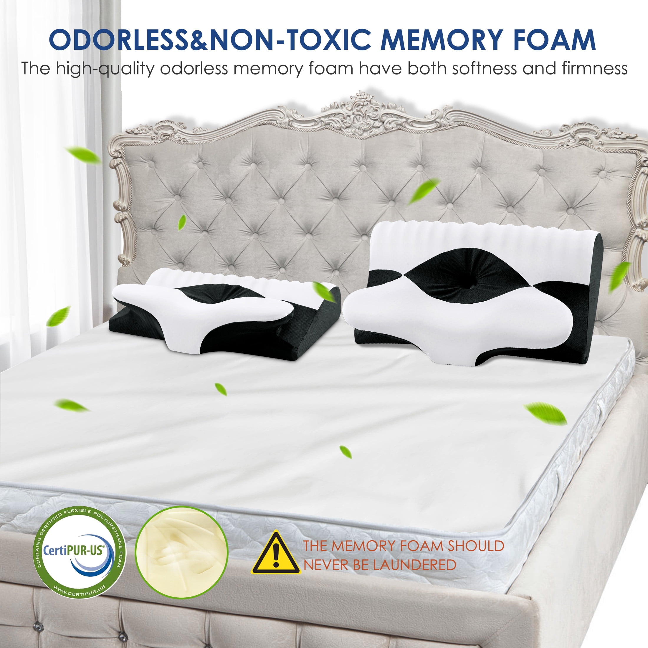 Ergonomic Cervical Memory Foam Pillow for Neck Pain Relief, Orthopedic Contour Pillow with Breathable Cover, for Side, Back, and Stomach Sleepers, Queen Size 23.6"x14.2"x4.7", Black