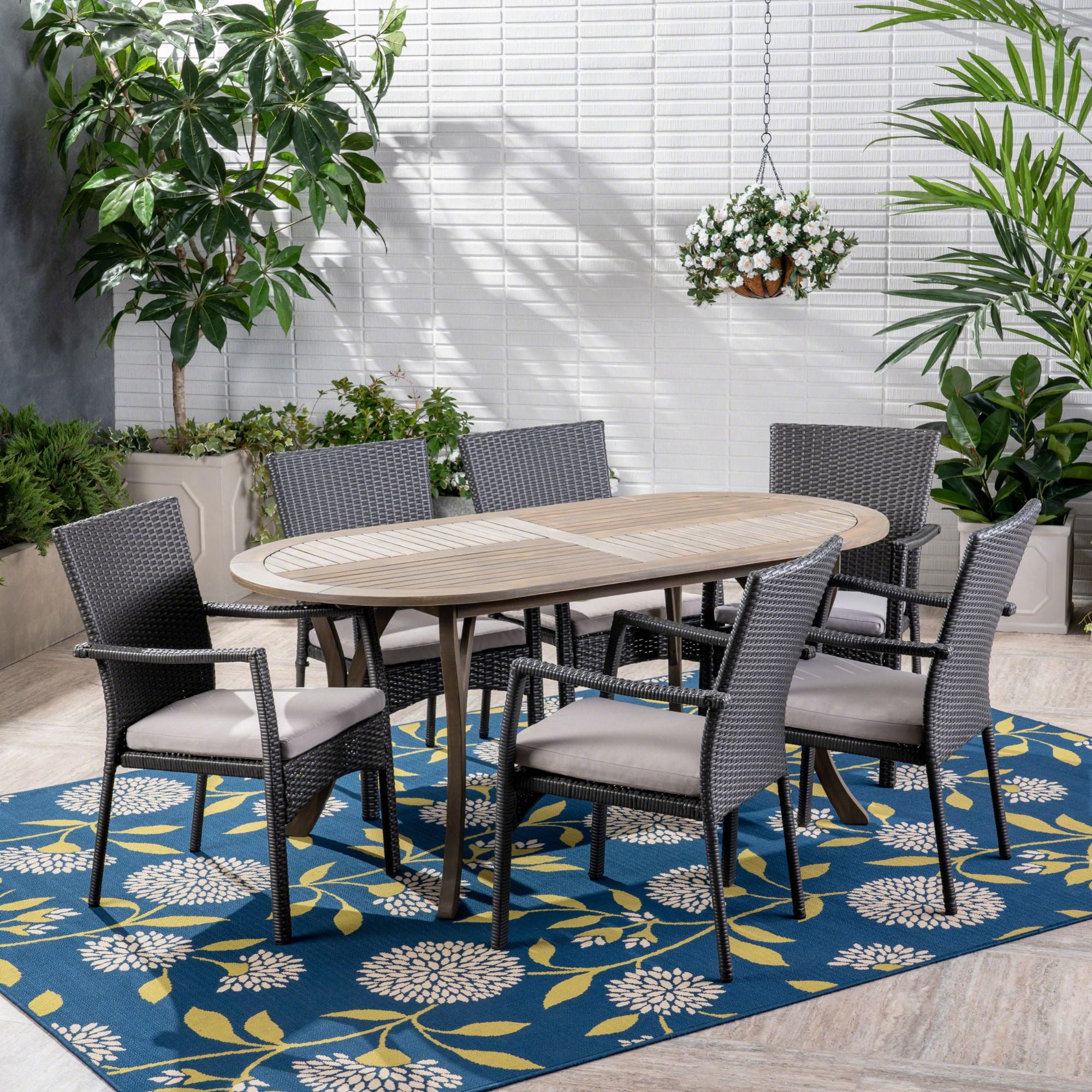 7-Piece Contemporary Outdoor Furniture Patio Dining Set - Gray Cushions