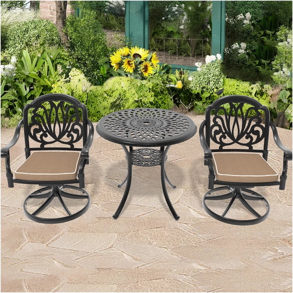 JERFIT 3-Piece Outdoor Patio Dining Set with 2 Swivel Chairs & Round Table, All-Weather Cast Aluminum, Black