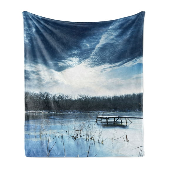 Winter Soft Flannel Fleece Throw Blanket, Landscape Scenery of Mountain Lake with a Frozen Bay Sunset, Cozy Plush for Indoor and Outdoor Use, 50" x 60", Purple Grey Slate Blue, by Ambesonne