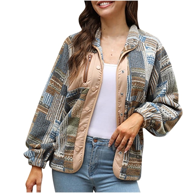 Tops de abrigo de solapa de manga larga recreativos con botones de color de costura de impresión para mujer Fridja hkj801
