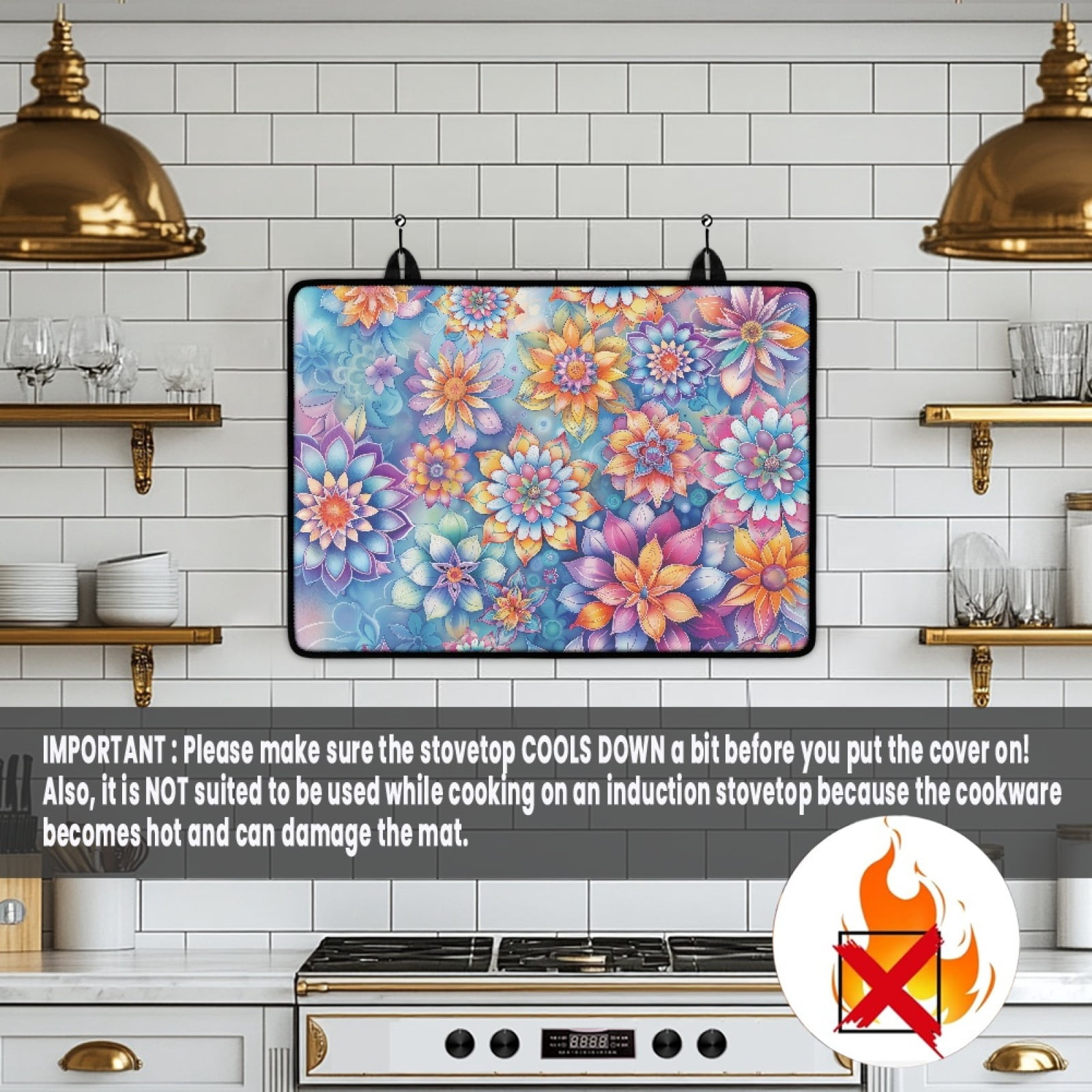 Renewold Stove Cover for Electric Glass Top Stove, Induction Electric Stove Top Protector Oil-proof Heat Resistant Washer Dryer Top Cover, 29'' x 21'', Bohemian Flower Blue