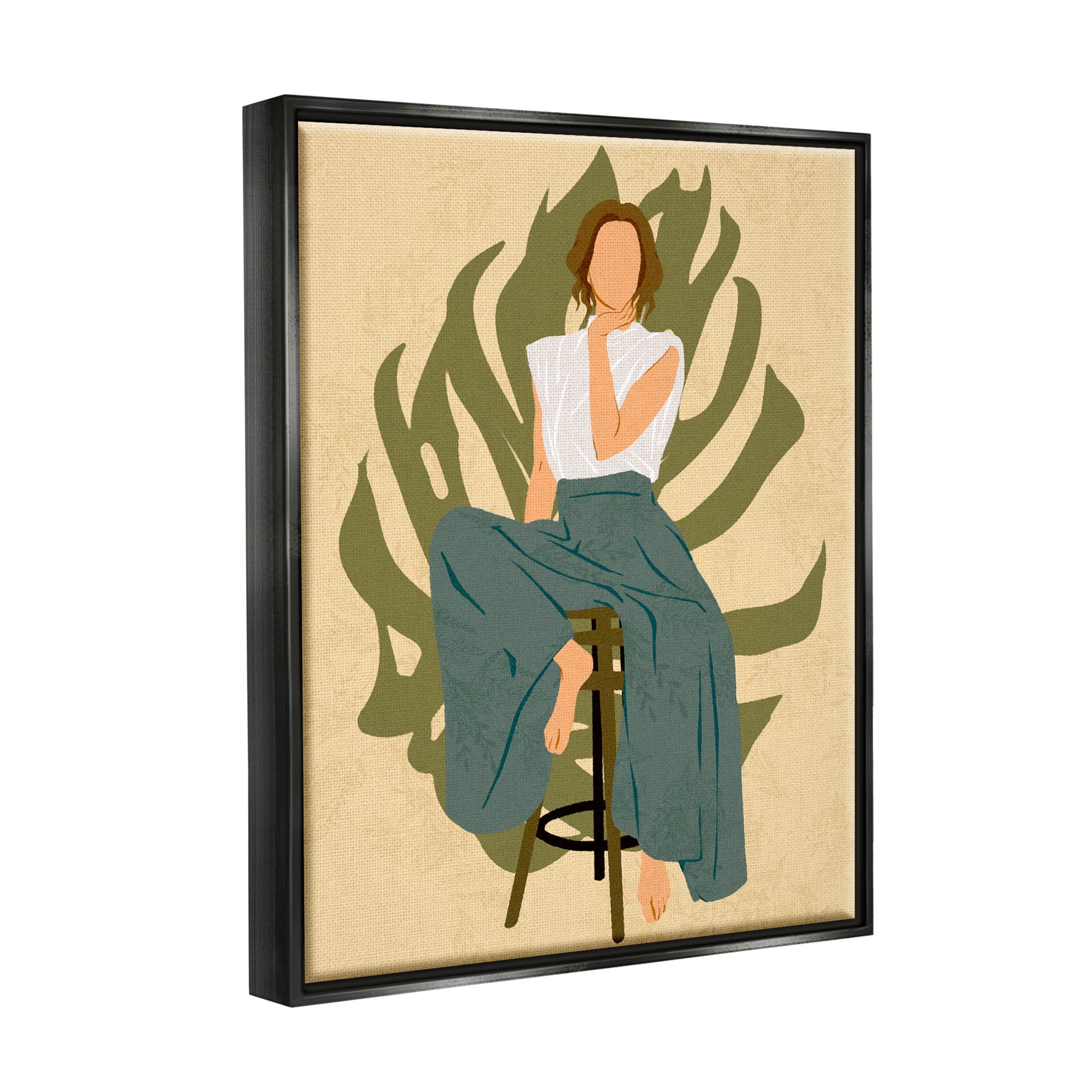 Boho Woman Sitting Plant Leaf Botanical & Floral Graphic Art Jet Black Framed Art Print Wall Art