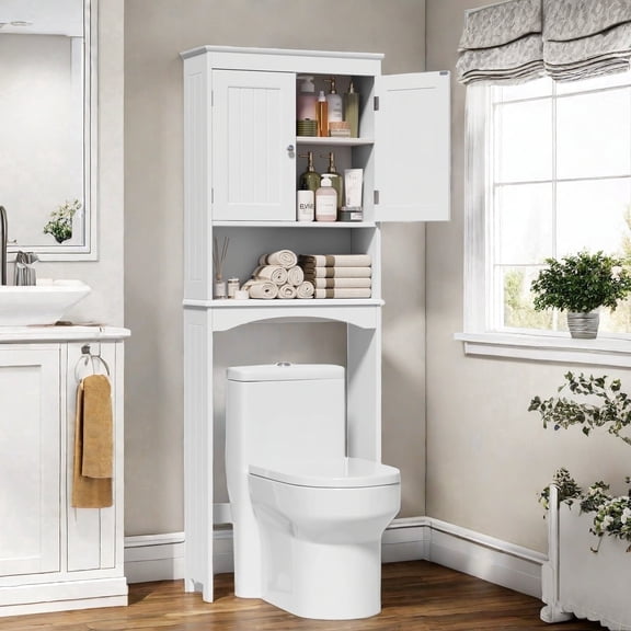 Over the Toilet Storage Cabinet - White Bathroom Shelf Organizer with Adjustable Shelf, Anti-Tip Device, Space-Saving Freestanding Design