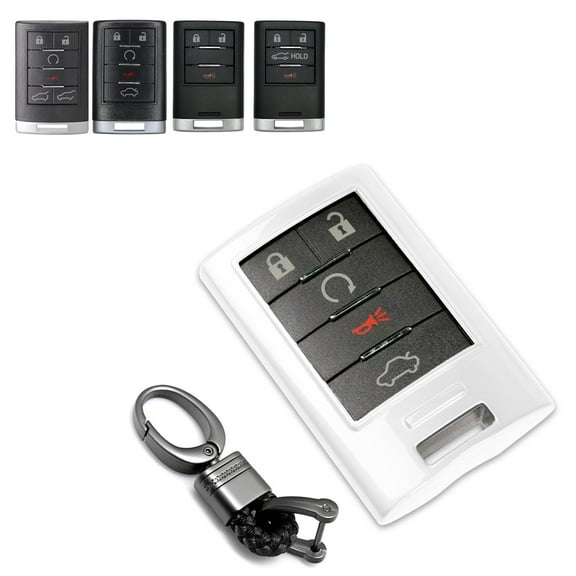 Xotic Tech Gloss White ABS Key Fob Shell Cover w/Keychain, Compatible with Cadillac ATS CTS XTS DTS SRX Escalade Chevrolet C7 Corvette 4 5 6 Buttons Smart Keyless Entry Key OUC6000066 5923887 22756465