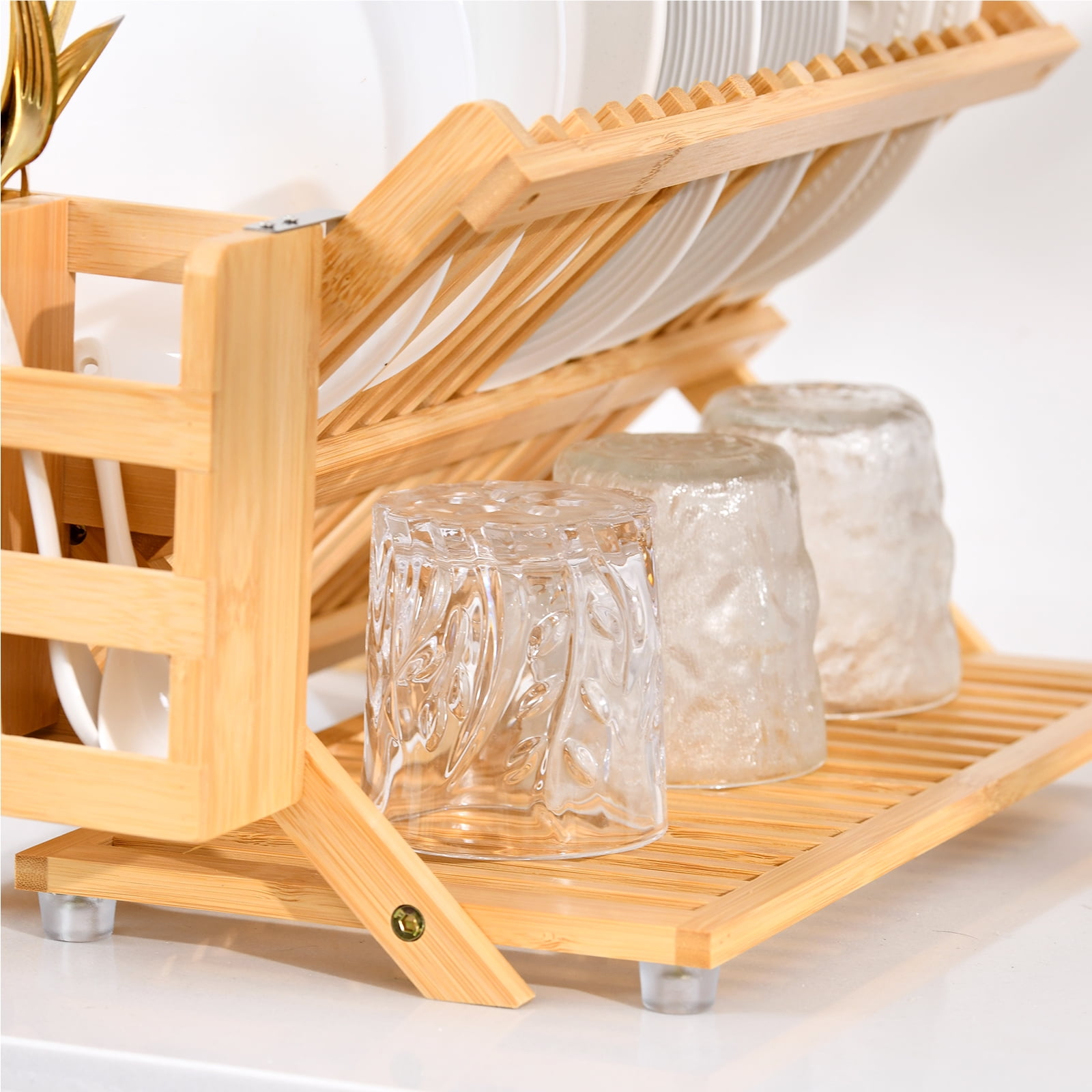 3-Tier Foldable Bamboo Dish Rack with Utensil Holder, Space-Saving Drying Organizer for Small& Apartments