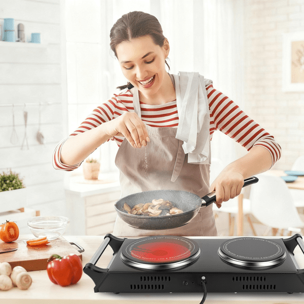 Olurrisa Dual Electric Hot Plate - 5-Second Quick Heating with 6.3&7.5in Glass Plates, Thermostat Control & Auto Shut-Off, 338-1022℉ Adjustable Temp for Camping/College/Small Kitchen