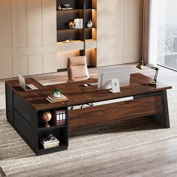 Tribesigns 78" L Shaped Executive Desk with Drawers, Large Office Desk with Storage Shelves, Modern Corner Computer Table for Home Office (Black & Brown)