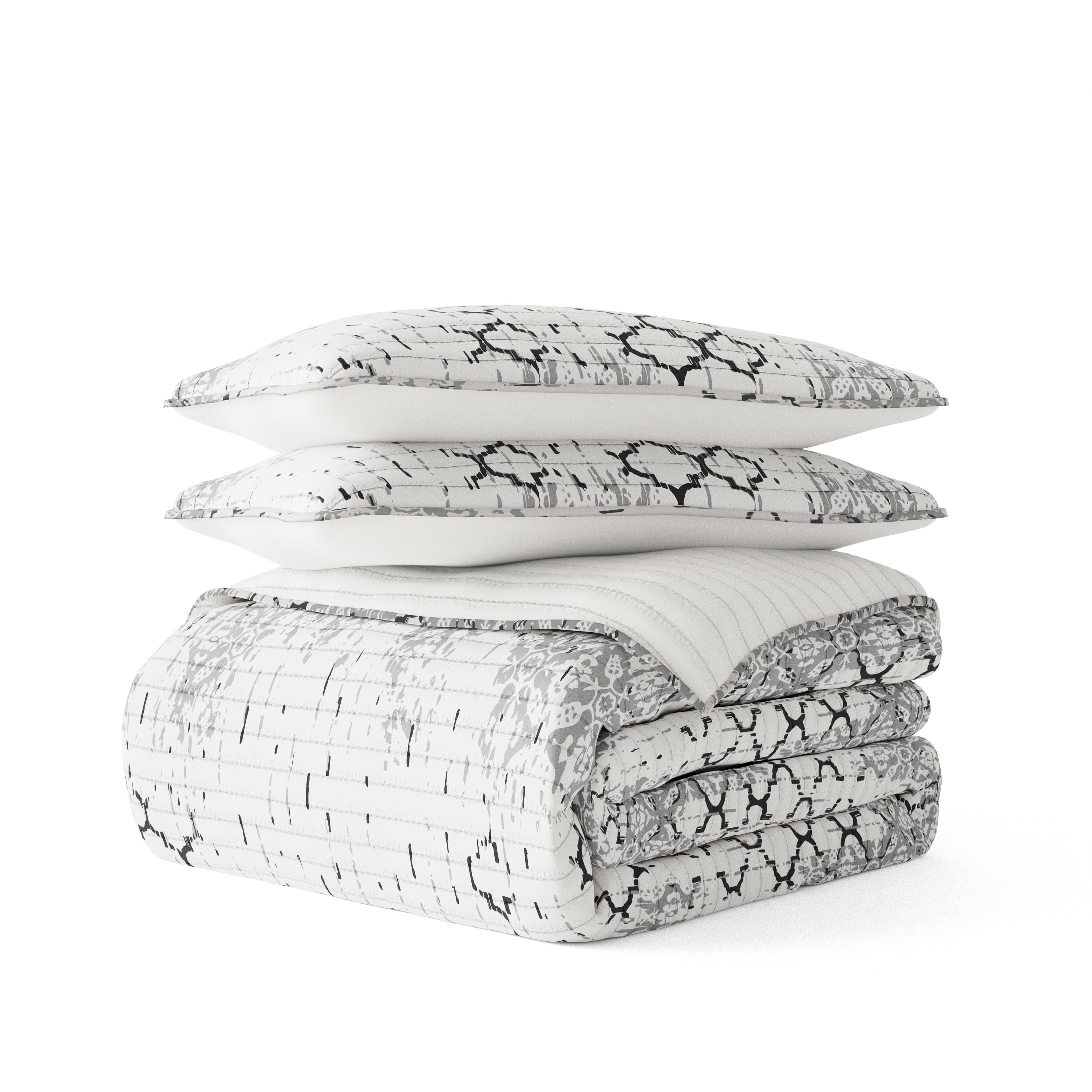 Noble Linens Light Grey 3 Piece Distressed Aztec Reversible Microfiber Quilt Set, Queen / Full