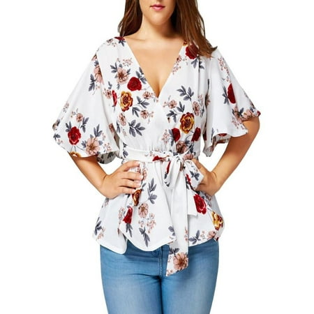 - Fashion Womens Floral Print Plus Size Belted Surplice Peplum Blouse V-Neck Tops