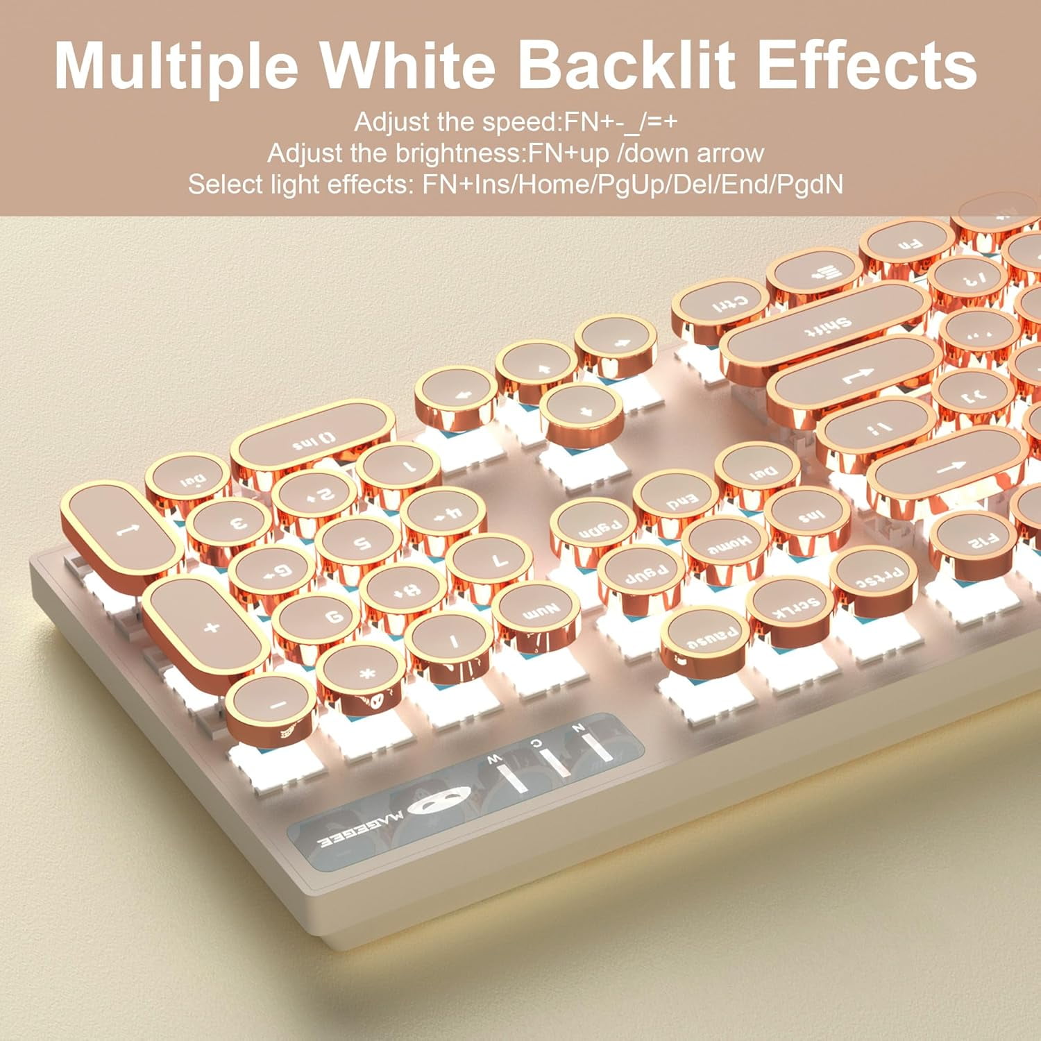 MageGee Typewriter Mechanical Gaming Keyboard, Retro Punk Round Keycaps RGB Rainbow Backlit