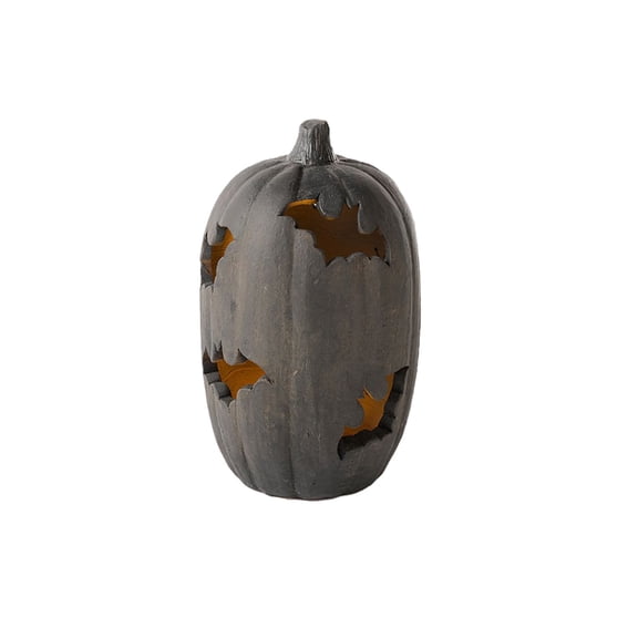 Matte Black and White Bat Cutout Pumpkin Luminaries - Light Up Halloween Tabletop Decor - Spooky Carved Hollow Resin Pumpkin Statues for Fireplace Mantel and Autumn Indoor Centerpieces
