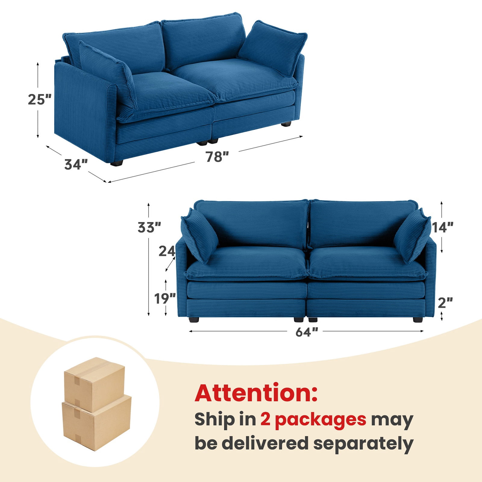 JUSTLET 76.8" Loveseat Sofa for Living Room, Modern 2 Seater Corduroy Sofa Couch for Bedroom Office, Navy