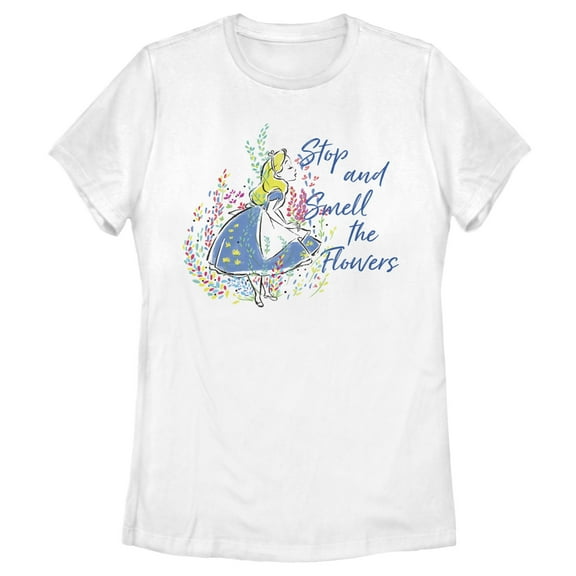 Women's Alice in Wonderland Stop and Smell the Flowers  Graphic Tee White 2X Large