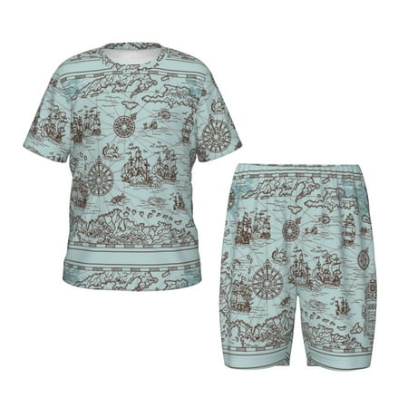 Luyuia Pirate Adventure Map Print Girls  2-Piece Tie-Dye Pajama Set  Cute Summer Loungewear with Shirt and Tank Shorts Nightwear-XX-Large