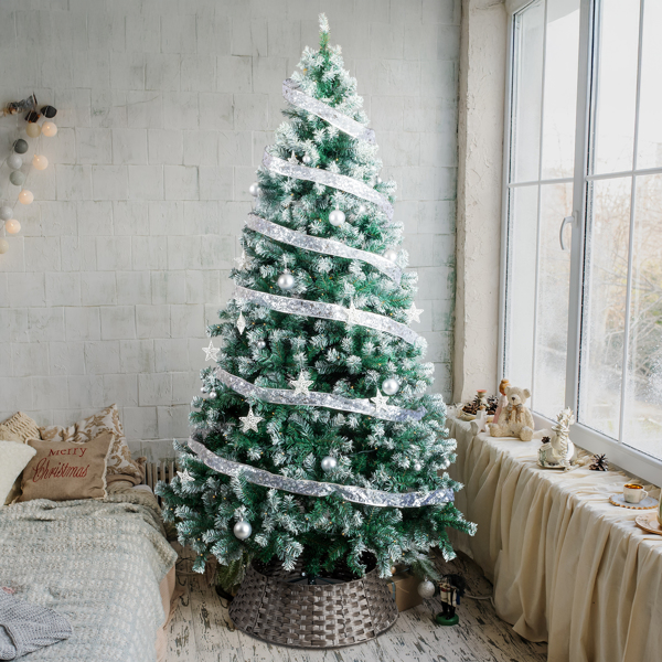 7.5FT Snow-Tipped Pre-Lit Christmas Tree - 1223 PVC Branch Tips 350 Warm White LEDs Silver Ribbon Ornaments + Fence Tree Skirt Included