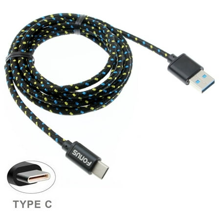 Premium 6ft Long Black Braided Type-C Cable Rapid Charger Sync USB Wire USB-C Power Cord Q6P for Alcatel Idol 5 - ASUS ZenFone 4 Pro AR V Live - Essential