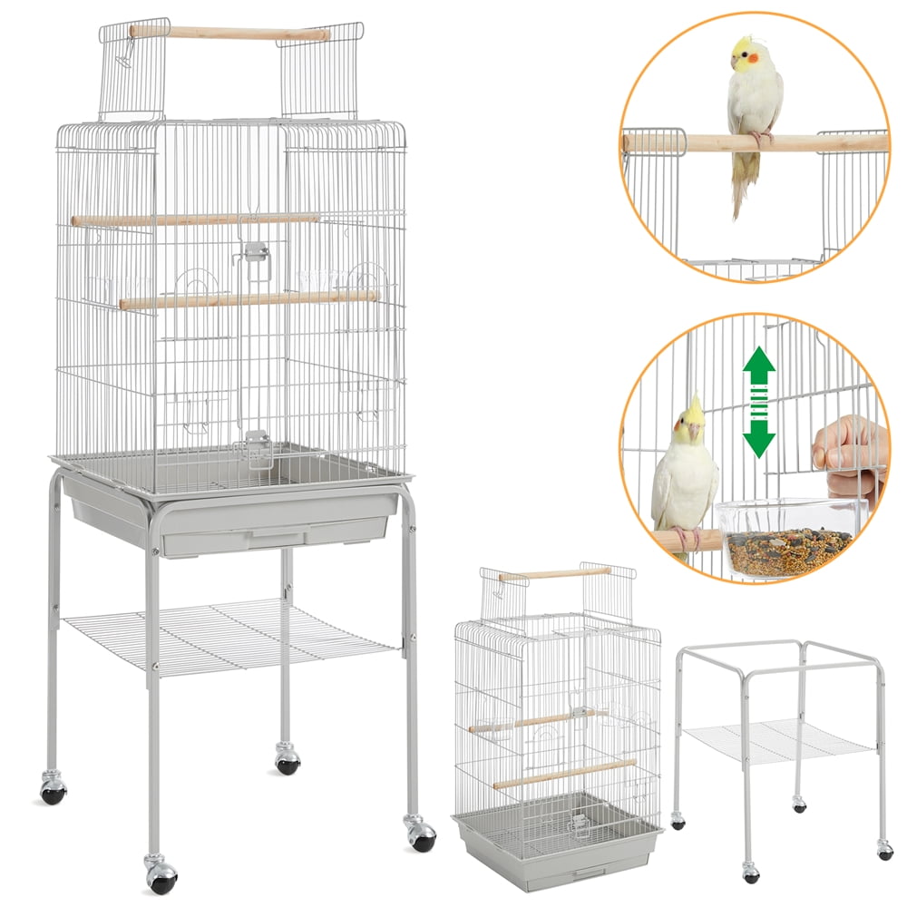 Alden Design 53.5" Metal Rolling Bird Cage with Play Top Stand, Light Gray