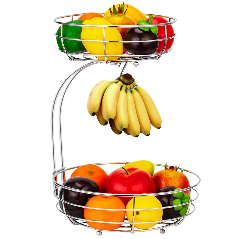 2 Tier Fruit Basket with Banana Hanger Detachable Metal Fruit Bowl for  Kitchen Storage Basket, Chrome 