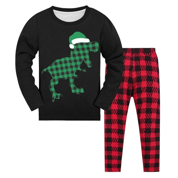 Tfken Christmas Unisex Kids’Pajama Set Plaid Print Long Sleeve Crew Neck T-Shirts Pants Winter Trendy Outfits Sets Black Size 2-3 Years
