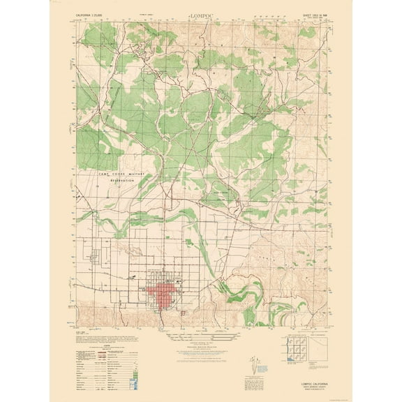 Topographical Map - Lompoc Sheet - US Army 1947 - Vintage Wall Art