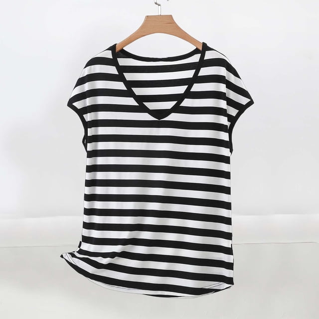 Hauts d'Été pour Femmes Manches Courtes Col en V Rayé Épaules Tombantes Blouse Pyjama Décontracté Ample Confortable Hauts