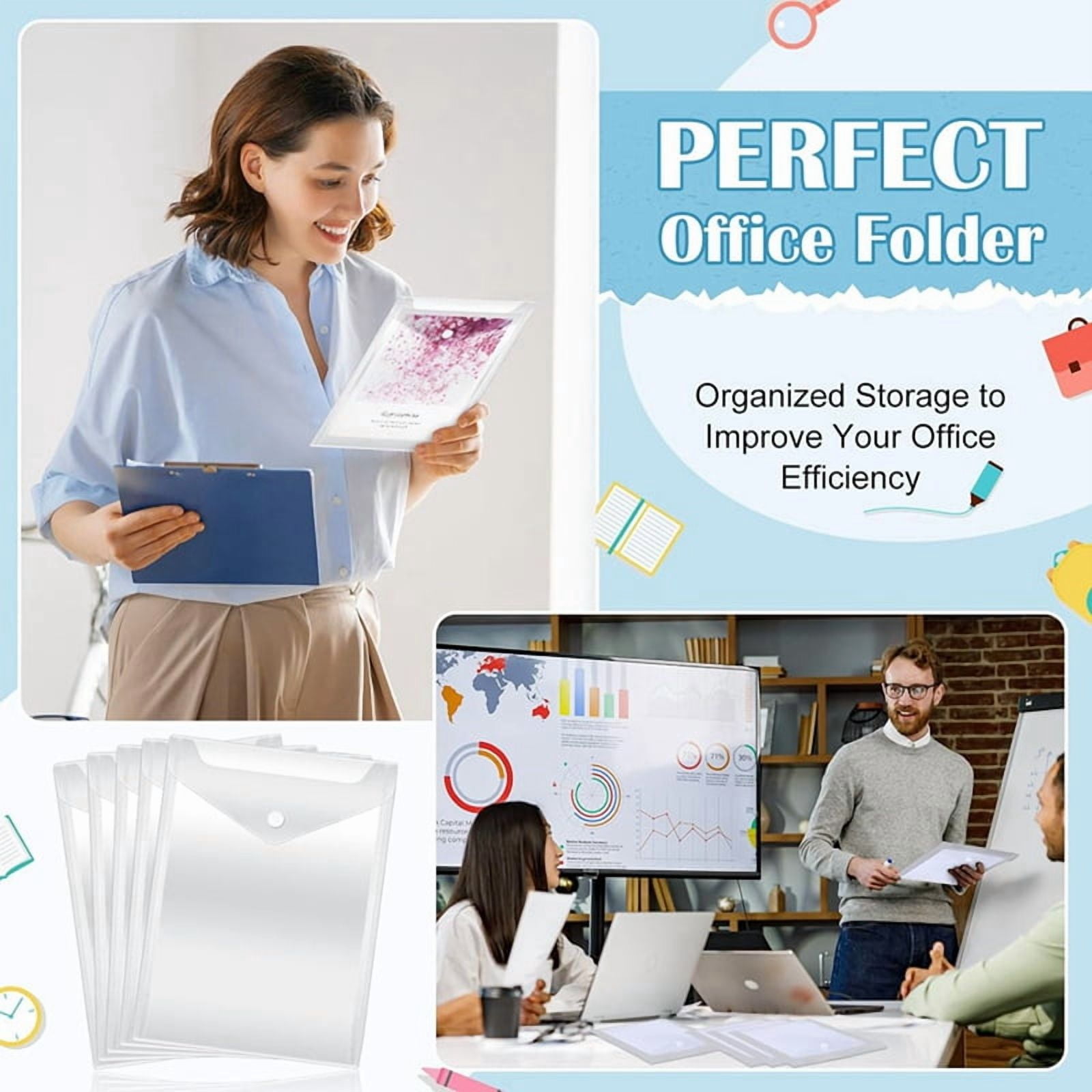50Pcs Clear Plastic Envelopes with Snap Button Stamp and Die Storage Pockets for School Home Office 7.08 X 9.44Inch