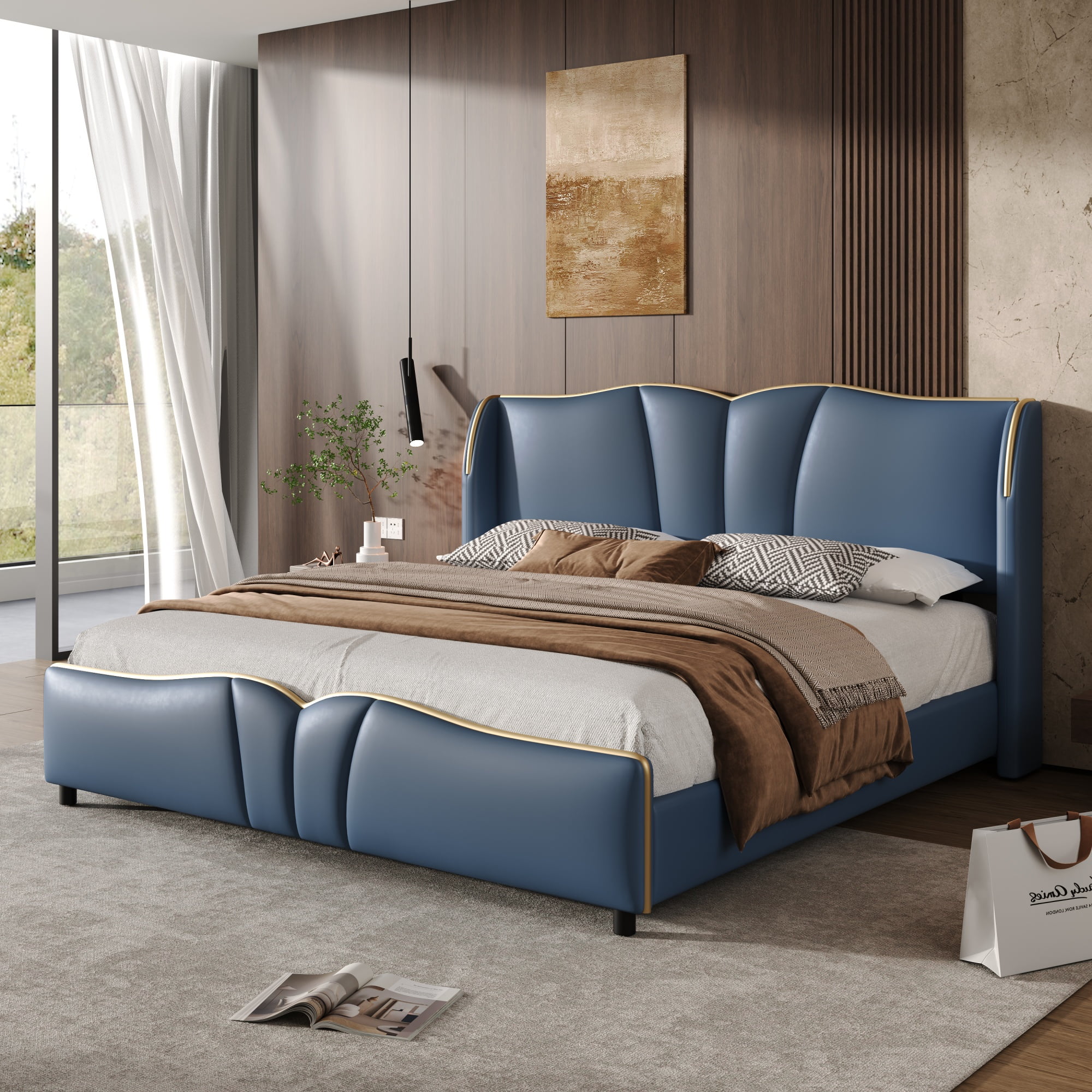 [Luckynote]Queen Size Leather Upholstered Bed Frame, Modern Bed Frame with Wingback Head board, Upholstered Platform Bed with Wavy Footboard, No Spring Box Needed, Antique Blue