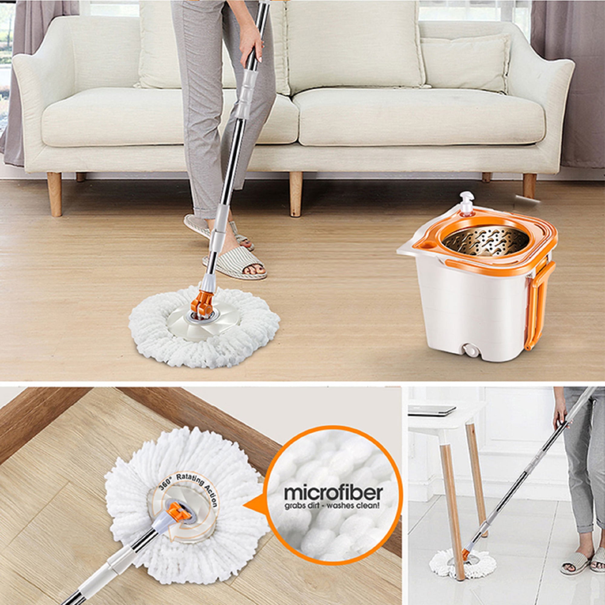  MASTERTOP Spin Mop & Bucket with Wringer Set, Floor Cleaning,  Household Cleaning Supplies, Stainless Steel Spinning Mop Bucket, 7  Microfiber Mop Refills, 57 Extended Handle, 2 Wheels Easy Moving : Health