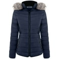 thumbnail image 3 of BodiLover, Women's, Winter Quilted Puffer Short Coat High Collar Jacket with Removable Faux Fur Hood Zipper Vegan Leather Piping, Navy, L, 3 of 3