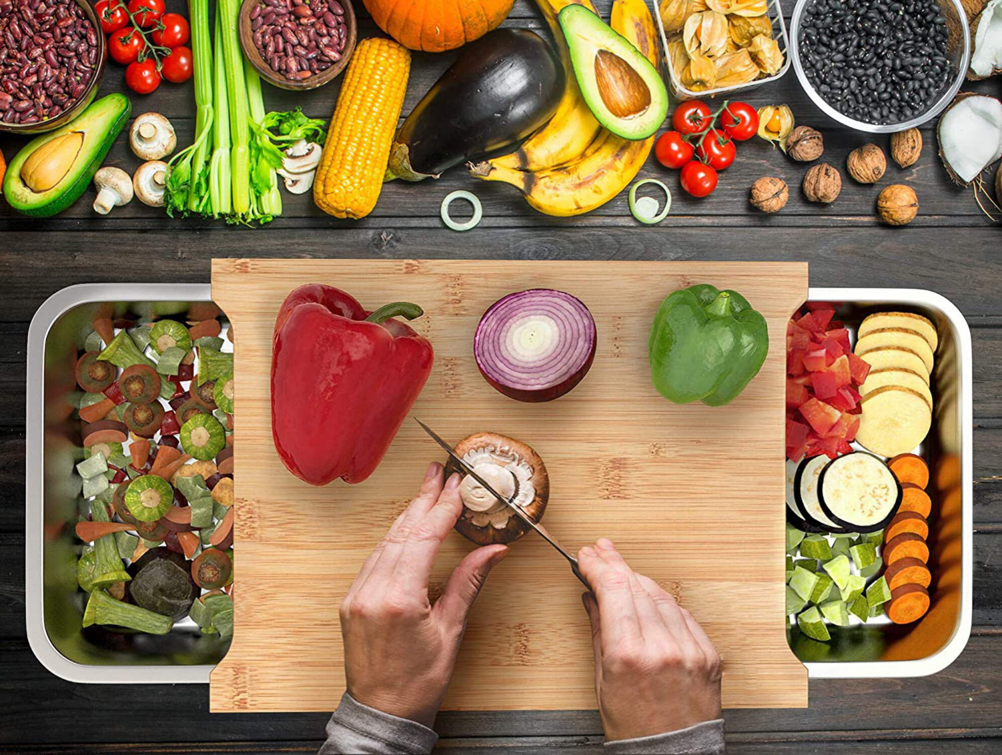 Bamboo Cutting Board with 2 Organizing Stainless Steel Trays