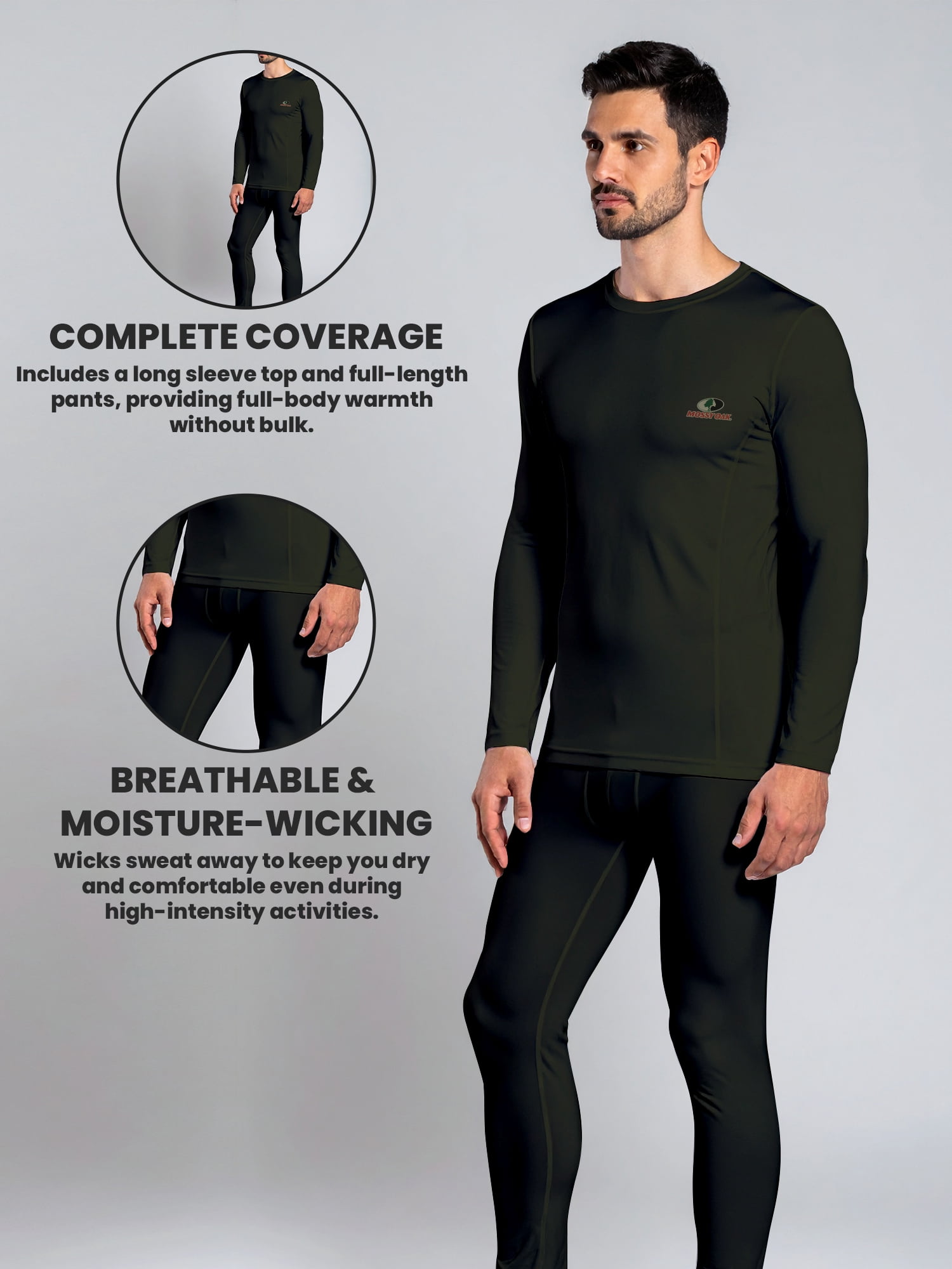 Mossy Oak Men’s Base Layers Set Compression Pants & Shirt Thermal Wear for Men, Forest Night XL