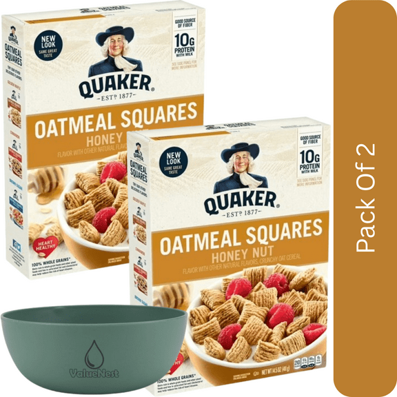 Quaker Oatmeal Squares Crunchy Whole Grain Cereal – Honey Nut-2pk, With Olive Green Bowl By ValueNest