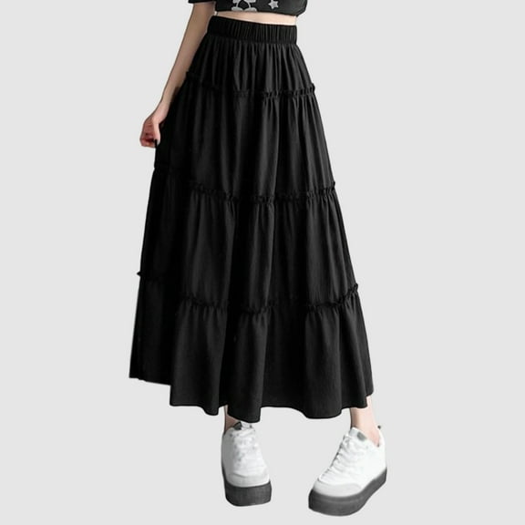 Long Skirts for Women Boho Maxi Skirt Swing Tiered A-Line Dress (Black M)