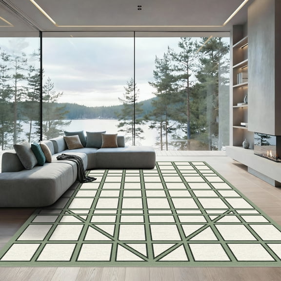 ODIKA 8'x10' Machine Washable Non-Slip Area Rug, Geometric Sage Green High Traffic Rug, Green, 1008716