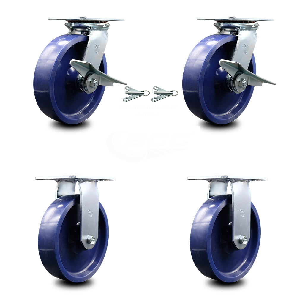 Set of 4 Swivel Casters w/ Lite Blue 5" Polyurethane Wheels and Side Lock Brakes 