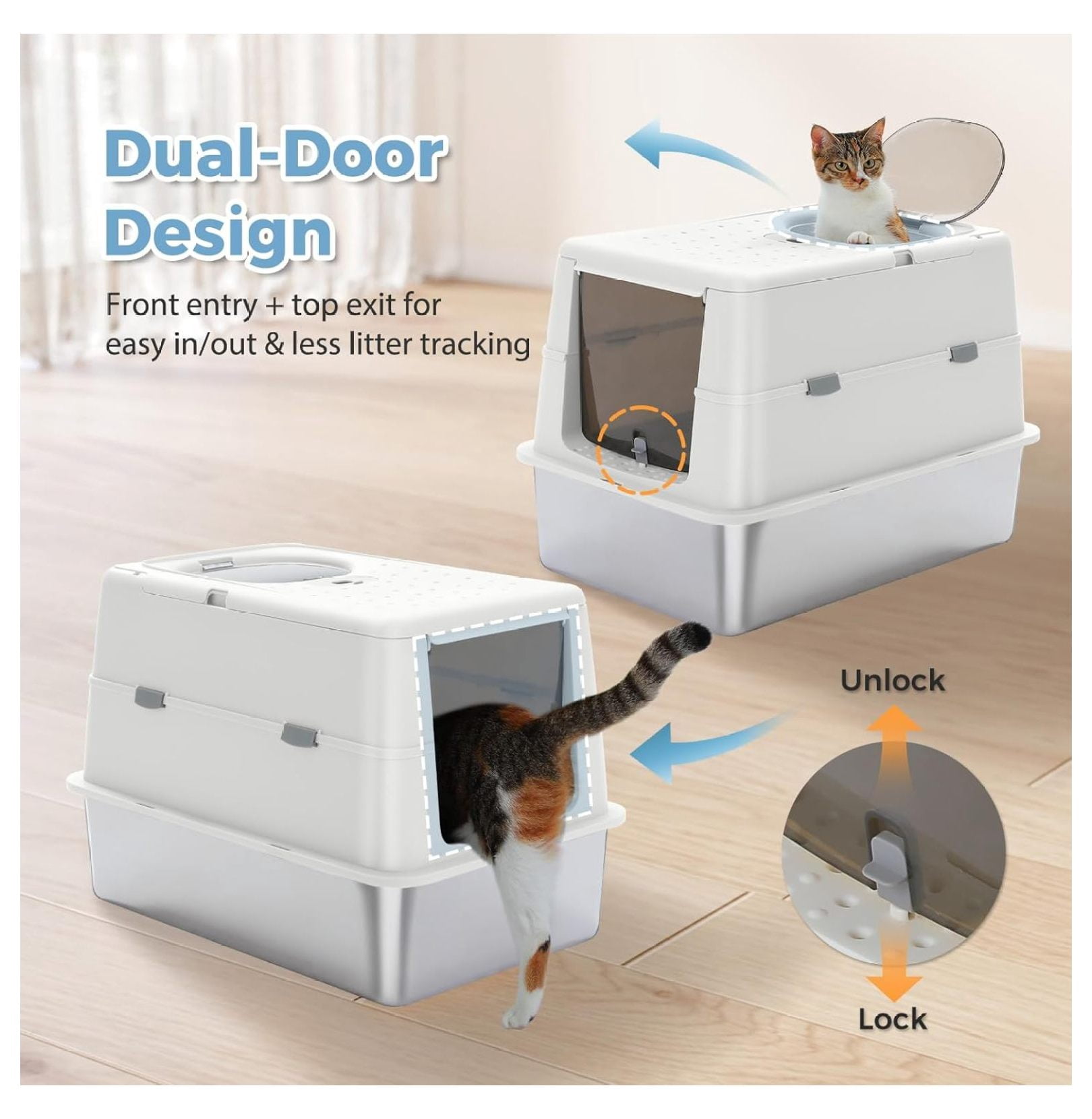 Stainless Steel Cat Litter Box, XL Extra Large Enclosed Litter Box with Non-Sticky Metal Pan, 16" High Sides& Anti-Leakage with , Front & Top Dual Entry for Big Cats, White