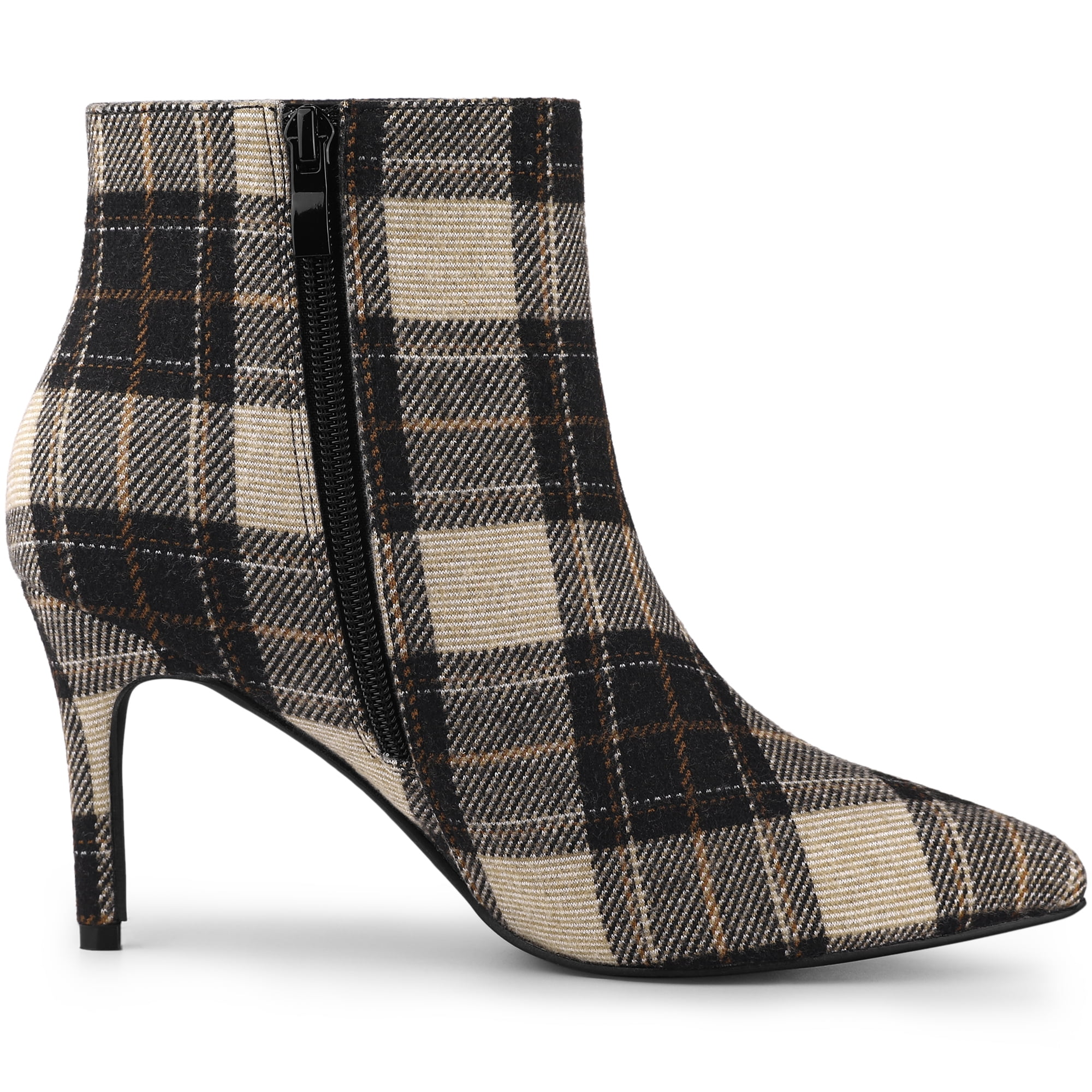 DARING DIVA Women's Plaid Pointy Toe Side Zip Stiletto Heel Ankle Boots Brown 7.5