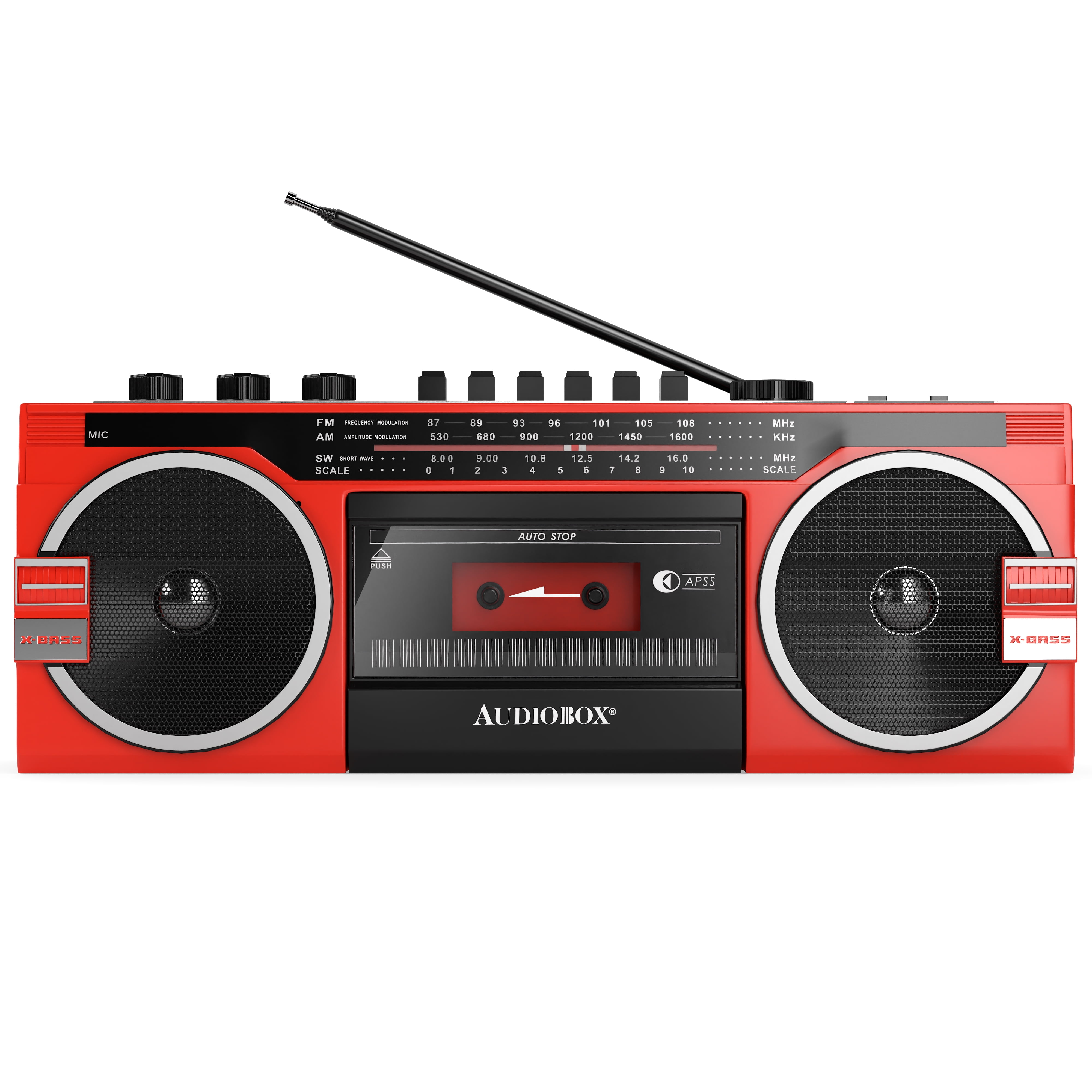 AudioBox RXC-25BT Bluetooth Boombox Speaker - 2 Way Boombox System with AM/FM/SW Radio, MP3 Playback, USB & SD Card Connection, Cassette Player, Built-in Speaker, 3.5mm Jack, Stereo Sound (Red)